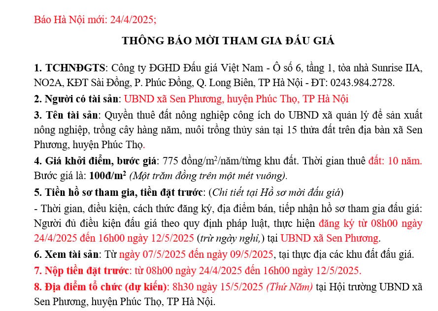 UBND xã Sen Phương thông báo mời tham gia đấu giá